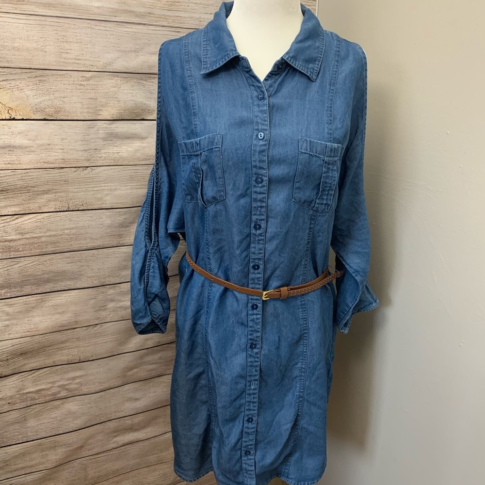 GUESS |  Button Down Cold Shoulder Chambray Dress